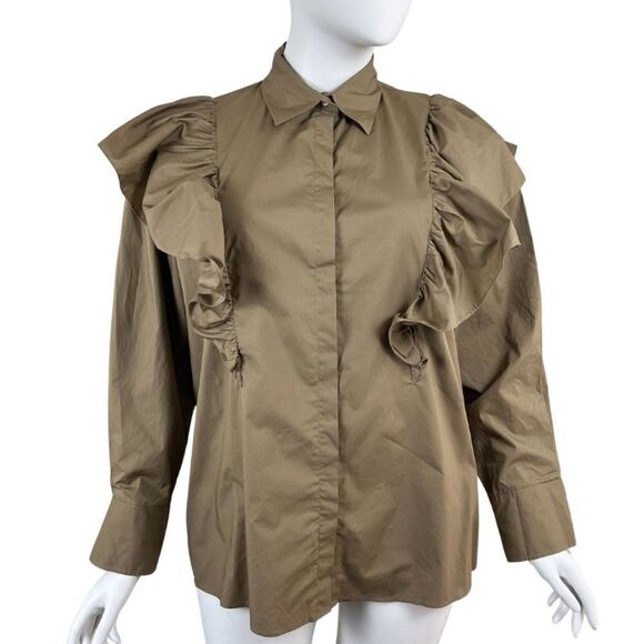 Zara Womens Size XL Khaki Frilled Poplin Ruffled Blouse NEW Top Button Up Modern - Picture 1 of 14